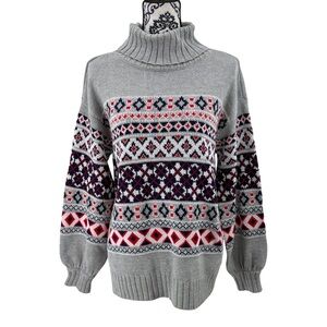 NWT Nordic Fair Isle Turtleneck Sweater Cozy Gray Balloon Sleeve